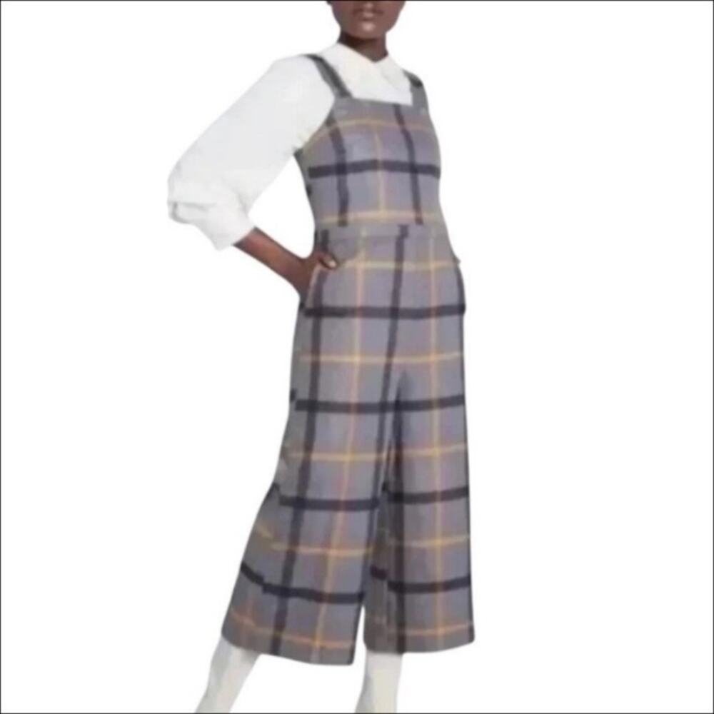 ModCloth Plaid Sleeveless Cropped Leg Jumpsuit Gray, Navy, Yellow Size XS